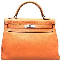 Hermes Kelly 32 Orange Clemence Leather SIlver Metal Top Handle Bag