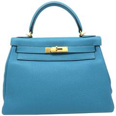Hermes Kelly 28 Turquoise Blue Togo Leather Gold Metal Top Handle Bag