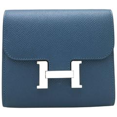 Hermes Constance Colvert Blue Veau Epsom Leather Silver Metal Short Wallet