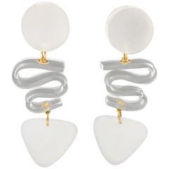 Rare Frosted White Lucite Dangle Clip Earrings by Harriet Bauknight for Kaso 4
