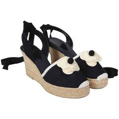 CHANEL Black Canvas Camellia Ankle Wrap Espadrille Wedges Size 38 uk 5 