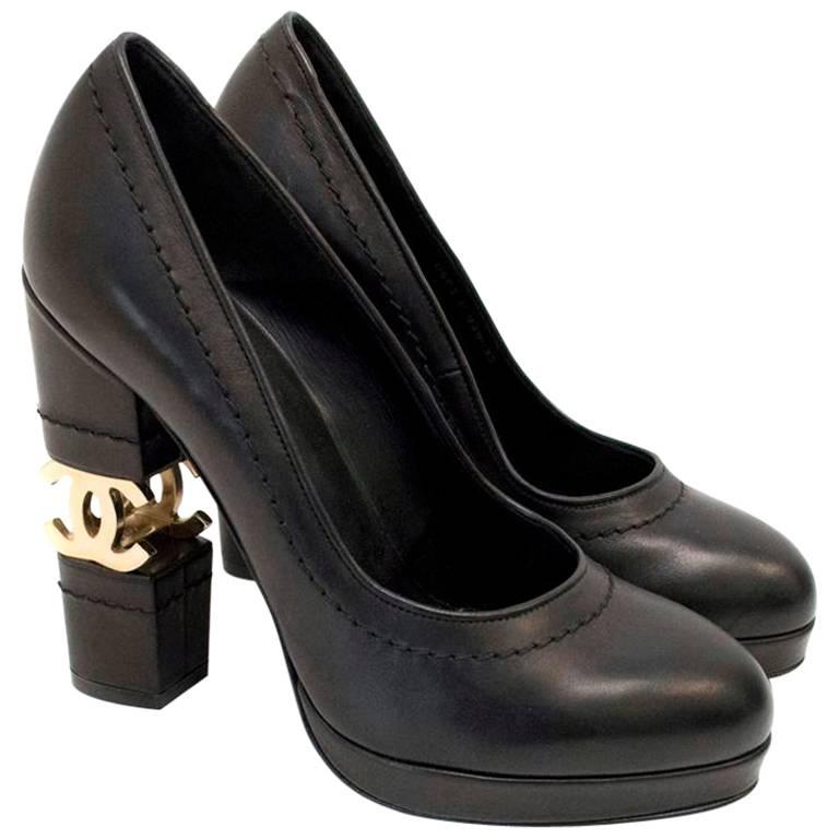 Chanel Black with Gold CC Logo 'Escarpin' Platform Heels