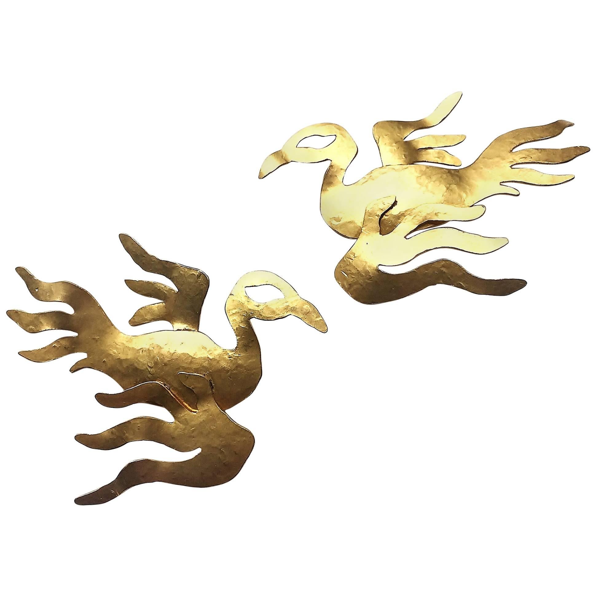 Wonderful large gilded metal 'phoenix' earrings, Herve Van Der Straeten, 1980s