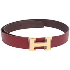 Hermes Reversible H Belt - brown / burgundy red leather 