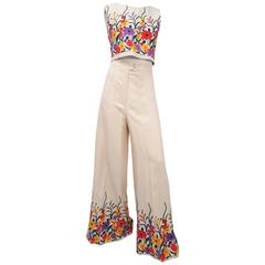1960s Linen Embroidered Flower Top and Pant Set