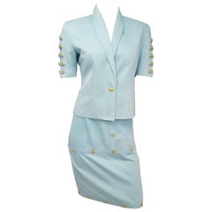 90s Versace Jeans Couture Sky Blue Medallion Detail Blazer & Skirt Set