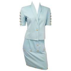 90s Versace Jeans Couture Sky Blue Medallion Detail Blazer & Skirt Set 10