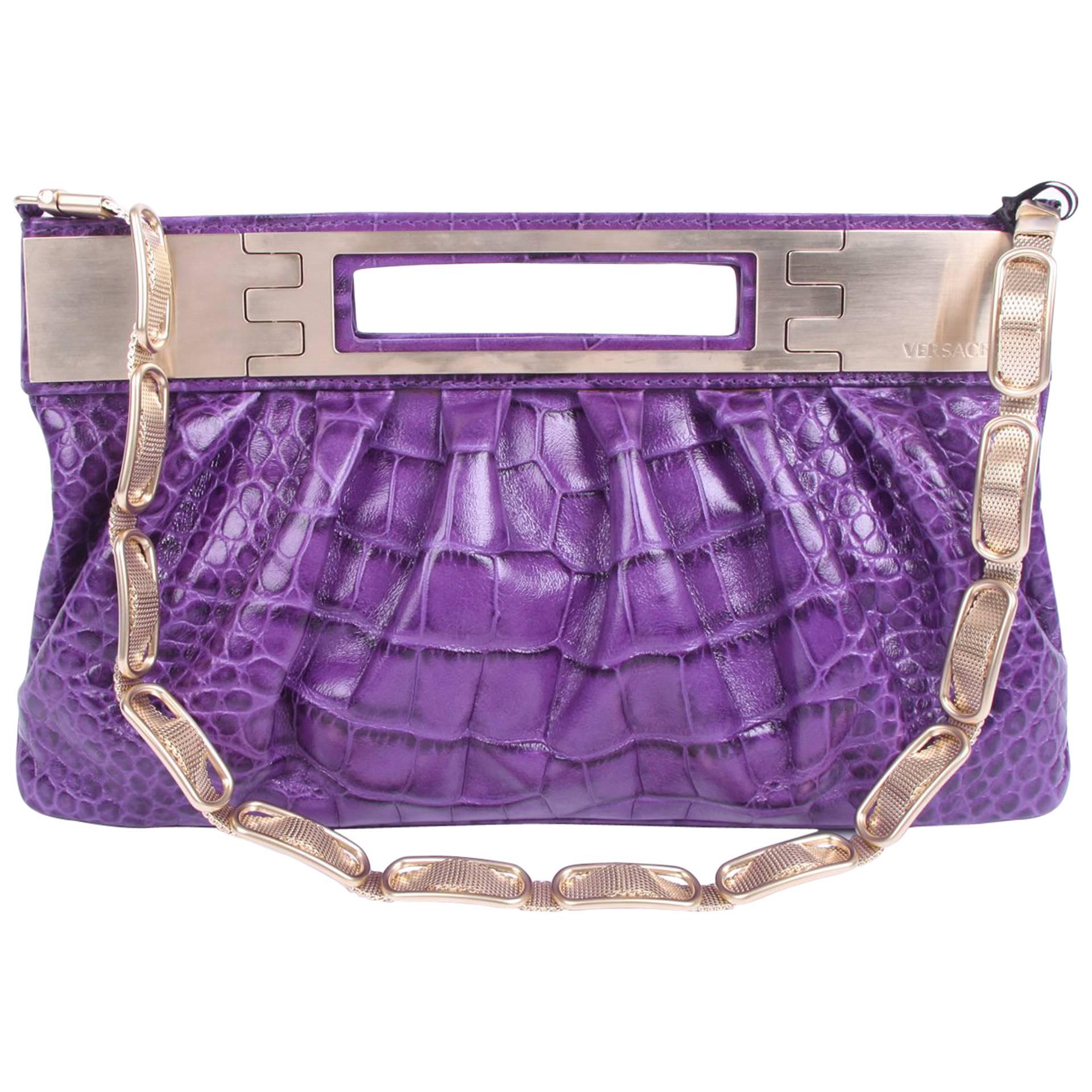 Versace Leather Clutch Croco Print - purple 2008 For Sale