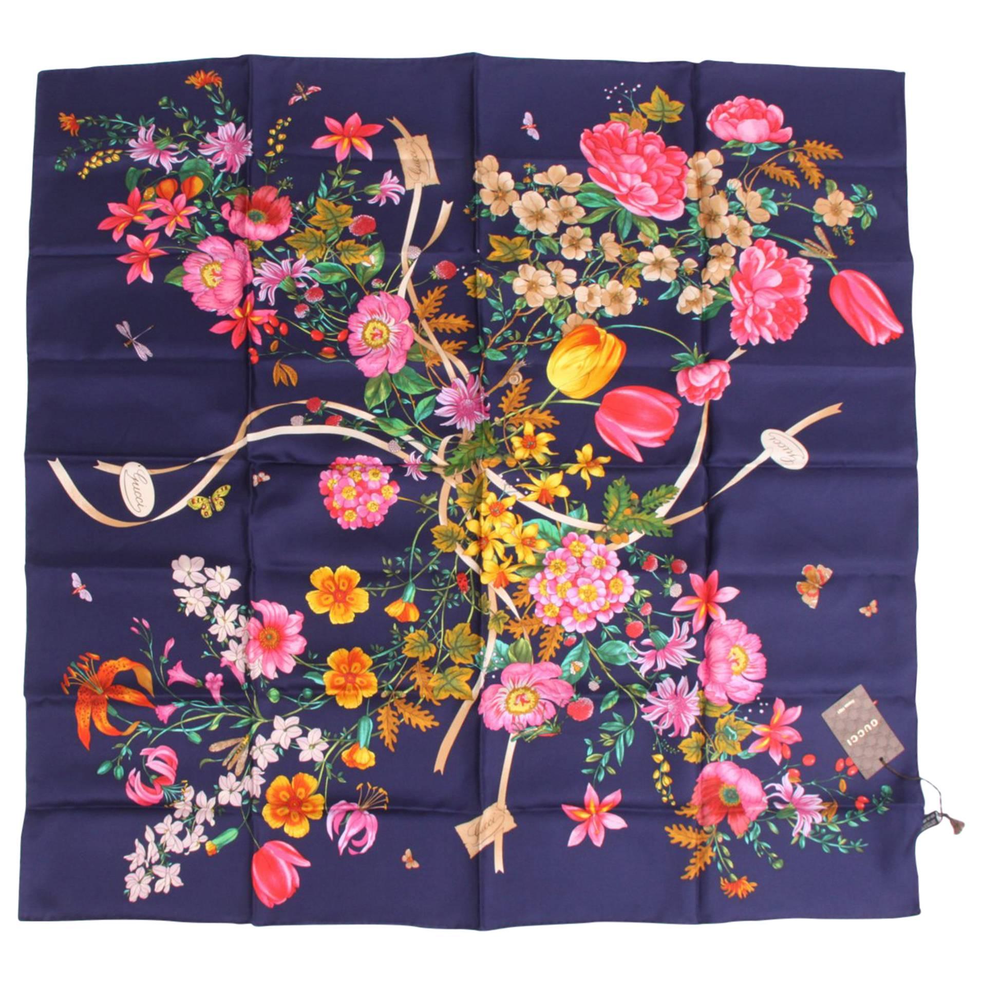 Gucci Silk Scarf Flower Print Gardeny - dark blue