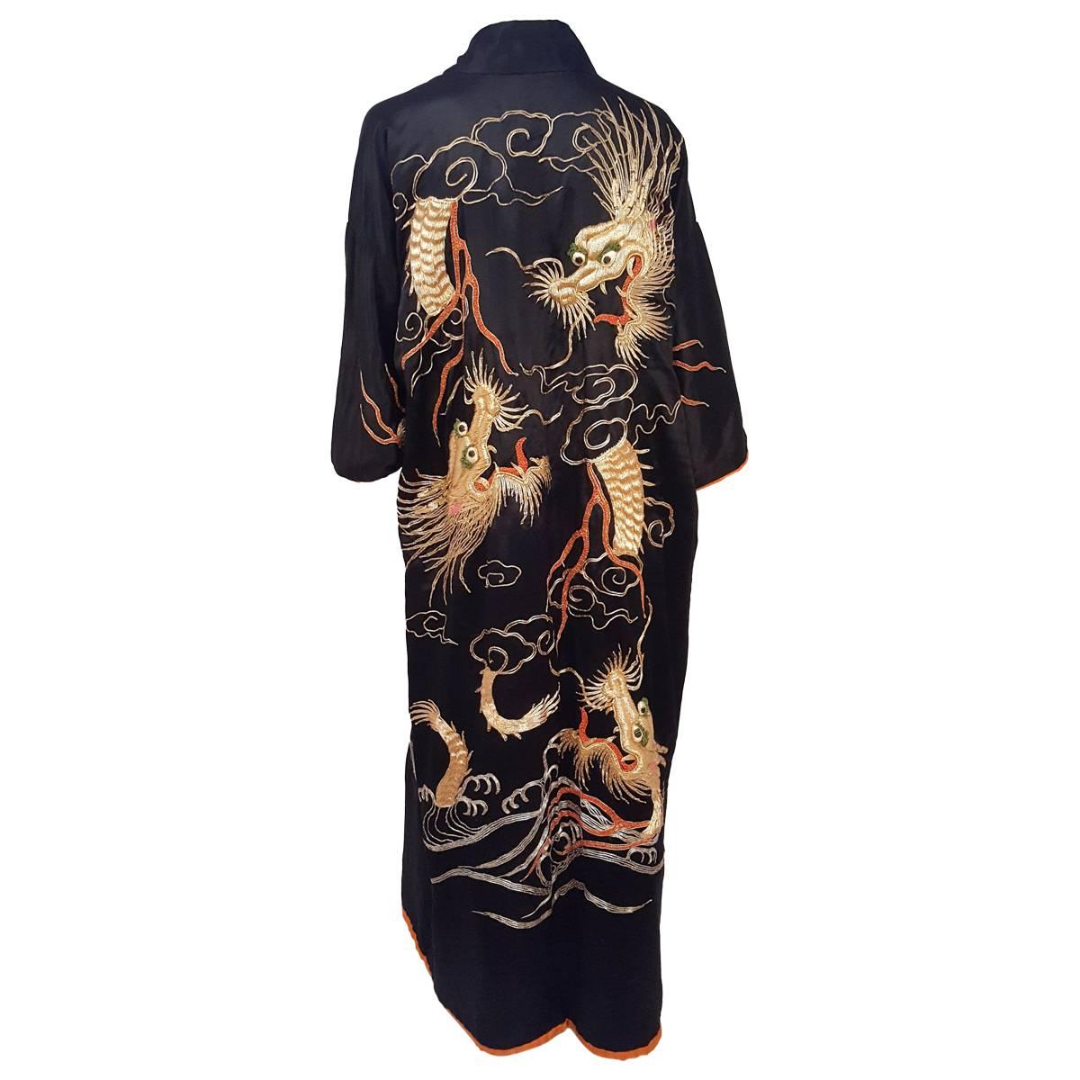 Japanese Kimono w/ Golden Dragon Embroidery