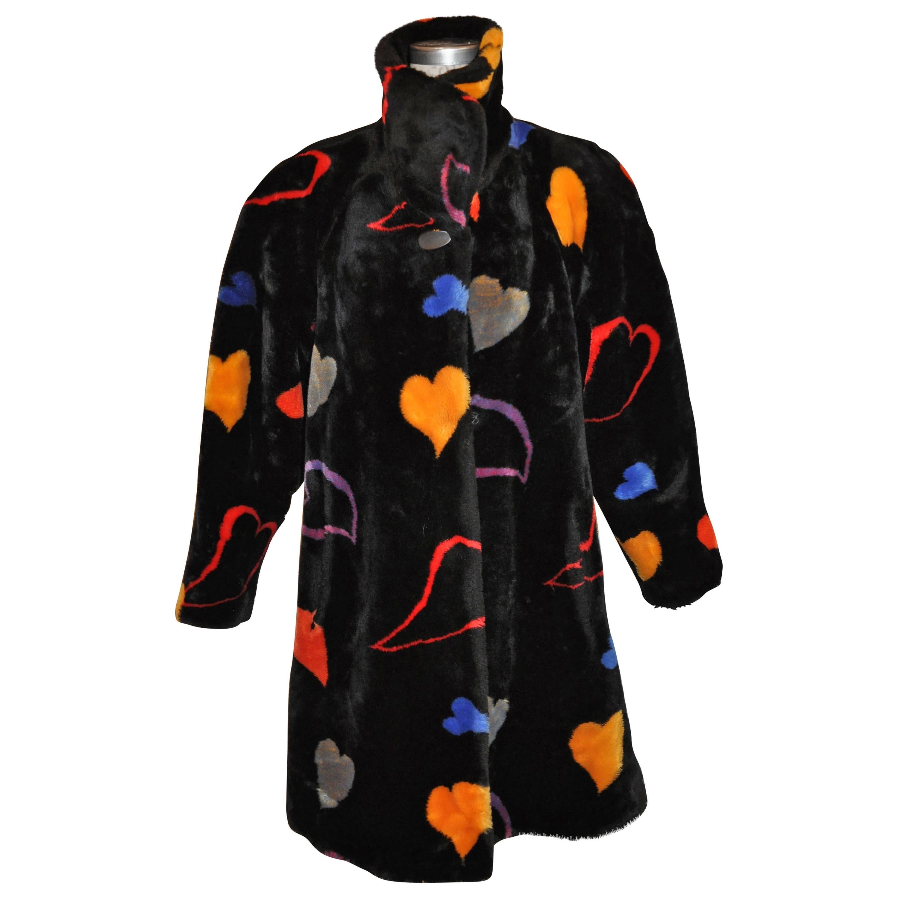 DonnyBrooks Bold Abstract "Hearts" Swing Faux Fur Jacket For Sale