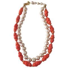 1970s DeLillo Faux Coral Baroque Pearl 2 Strand Necklace
