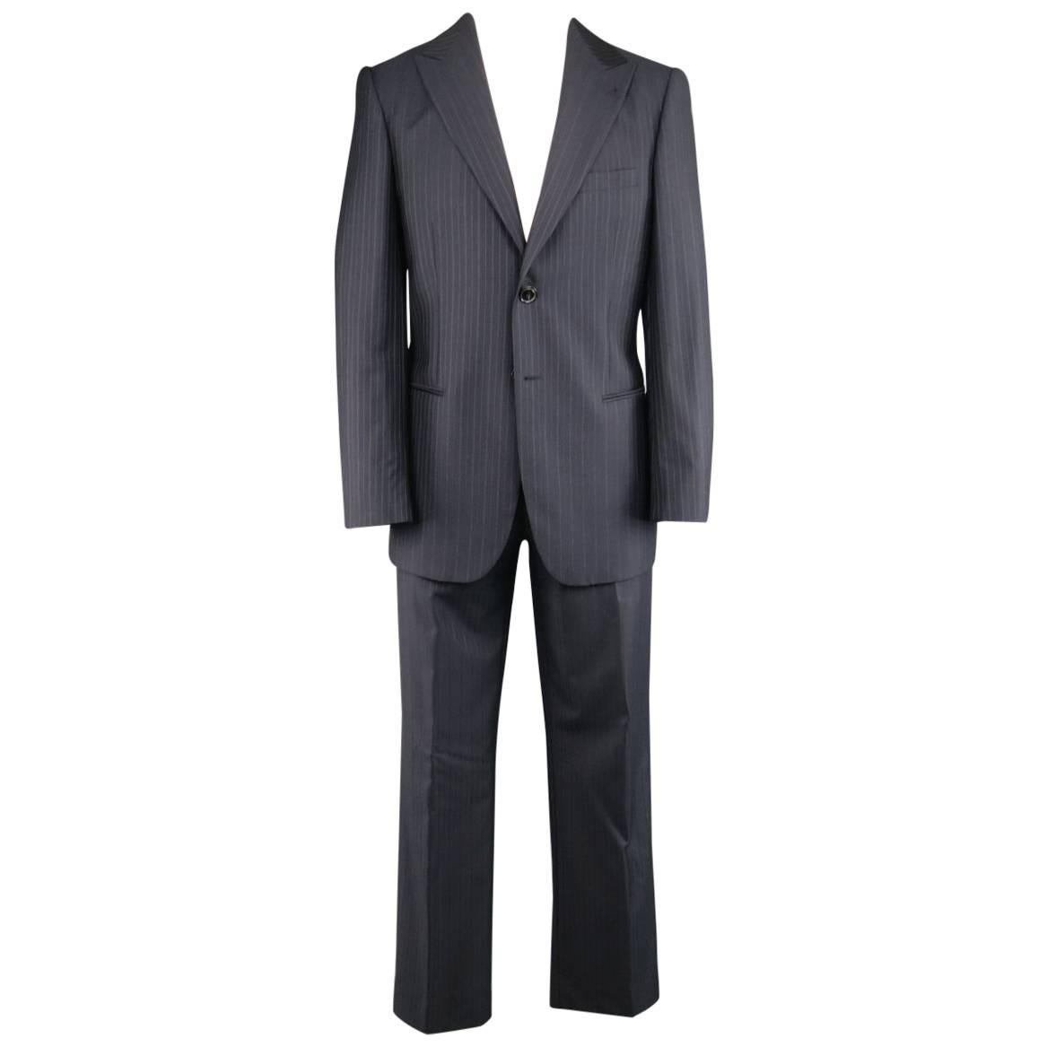 Men's GIORGIO ARMANI 40 Regular Navy & Brown PinStripe Wool 32 32 Suit