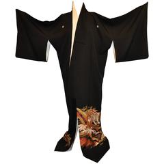 Vintage Black Hand-Painted with Gold Accent "Ceremonial Carriage"Silk Kimono