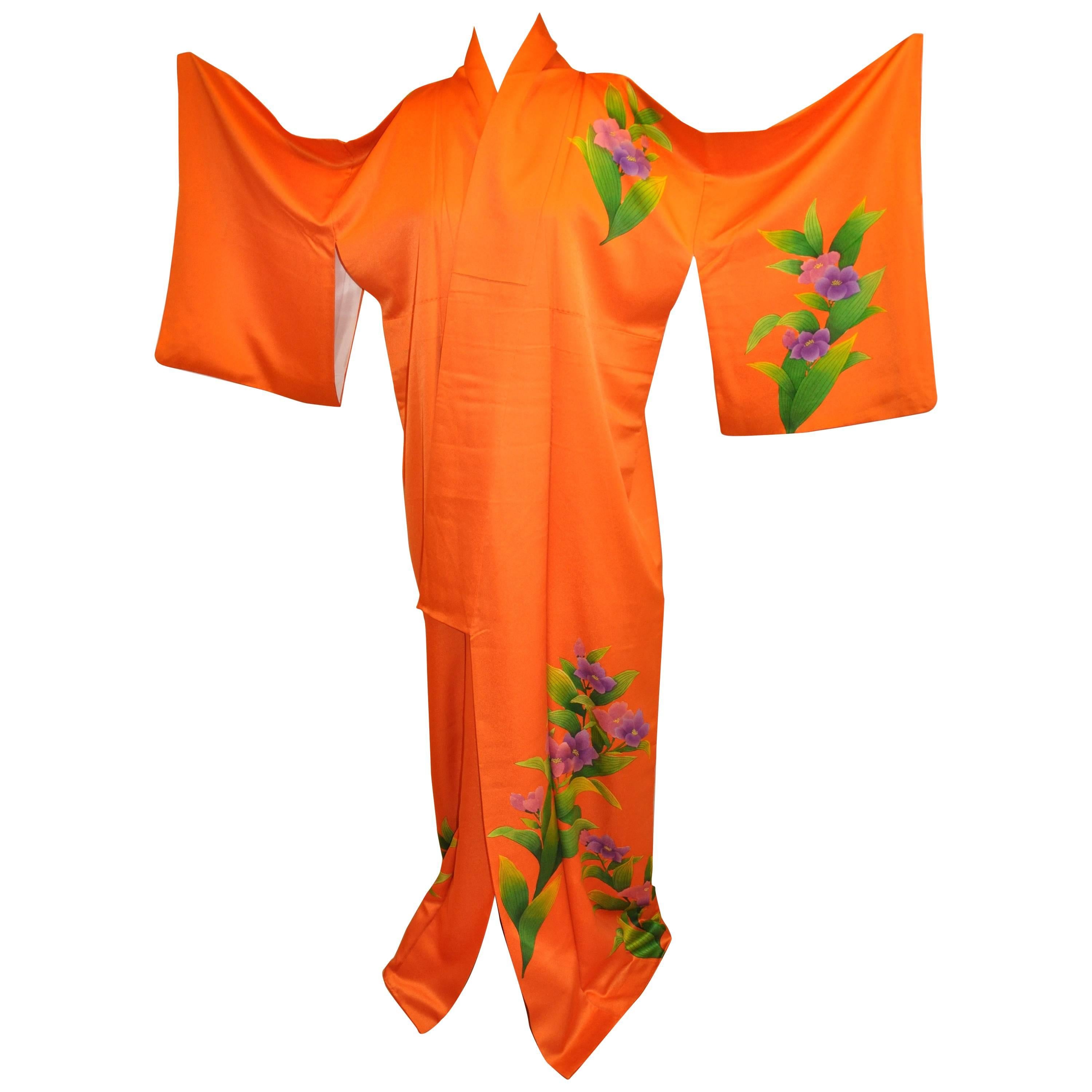 Bold Tangerine with Multi-Color "Floral & Leaves" Silk Kimono For Sale