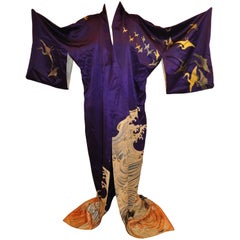 Vintage Plum Silk "Ocean Waves & Multi Cranes" Kimono