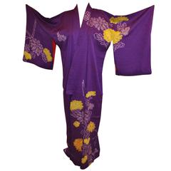 Floral Violet with Multi Hand-Embroidered Accents Silk Kimono