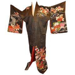 Charcoal Floral Silk Accented with Multi-Colored Floral Kimono