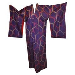 Retro Violet Accented with Steel-Gray & Raspberry Shades Silk Kimono