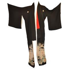 Black Silk Accented with "Pair of Birds in Garden" Kimono