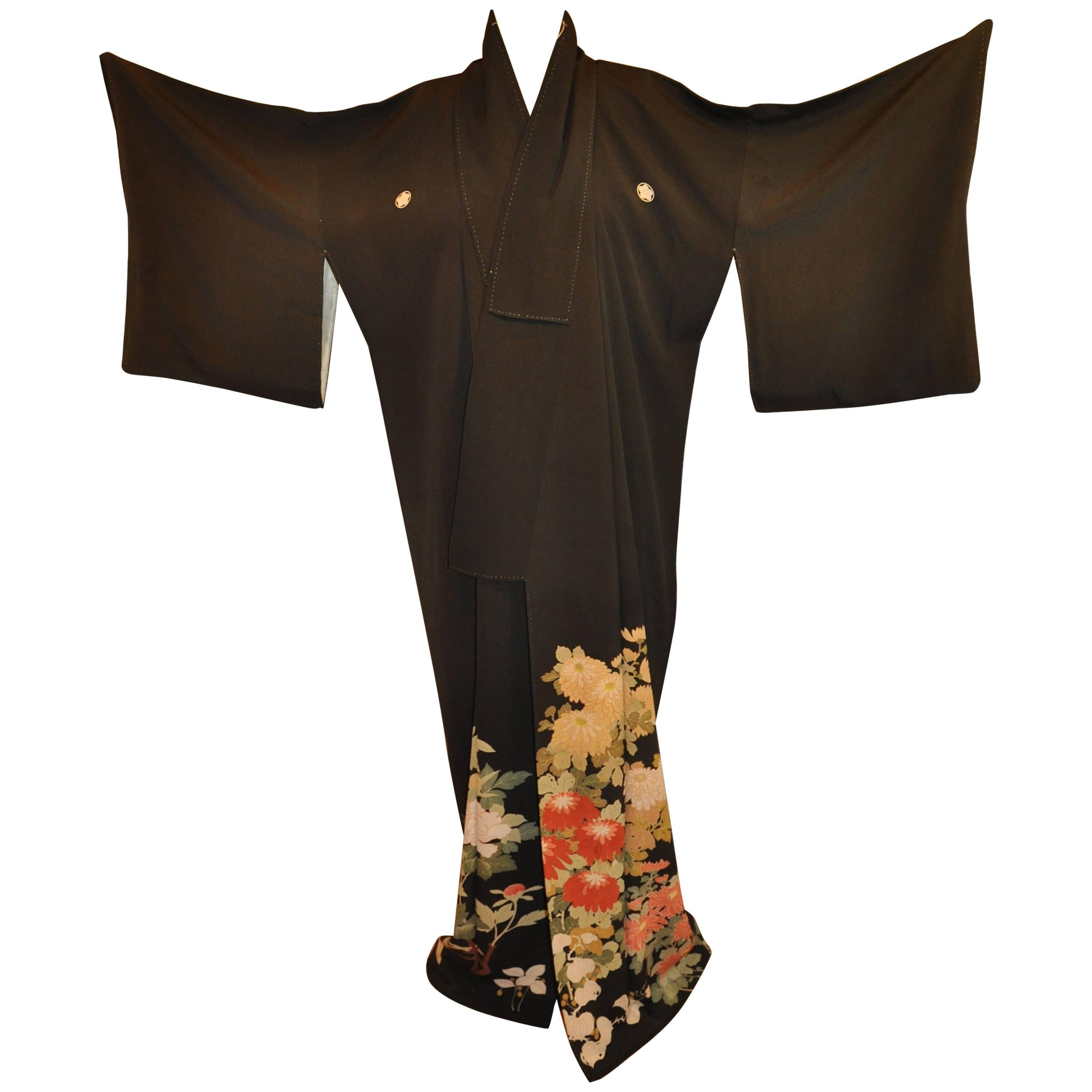 "Bursting Flowers & Vines" Black Silk Kimono