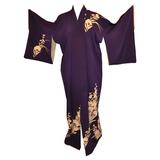 Violet Accented with Cream Florals & Metallic Gold Etching Silk Kimono