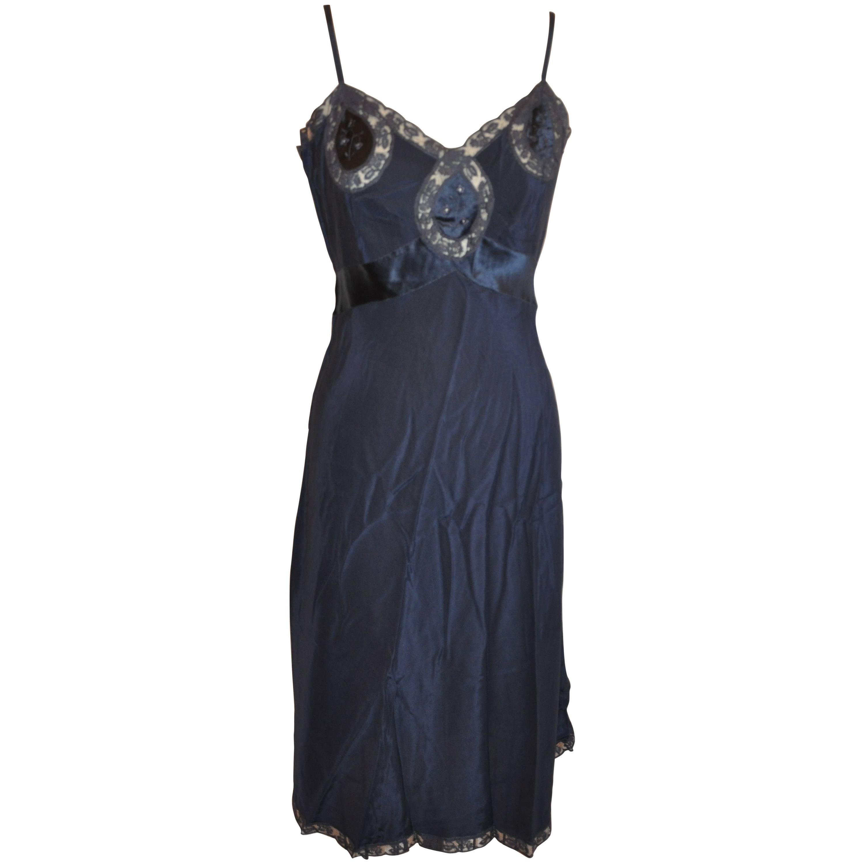 Midnight Blue Silk Embroidered with Lace Detailing Slip Dress