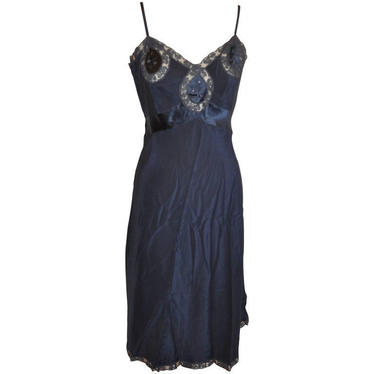 Midnight Blue Silk Embroidered with Lace Detailing Slip Dress at