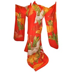 Vintage Elaborate Bold Red "Ceremonial Cranes" Silk Kimono