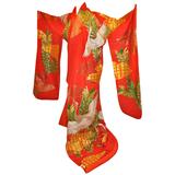 Elaborate Bold Red "Ceremonial Cranes" Silk Kimono