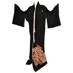 Elaborate "Japanese Scenes" with Metallic Micro Cord Black Silk Kimono
