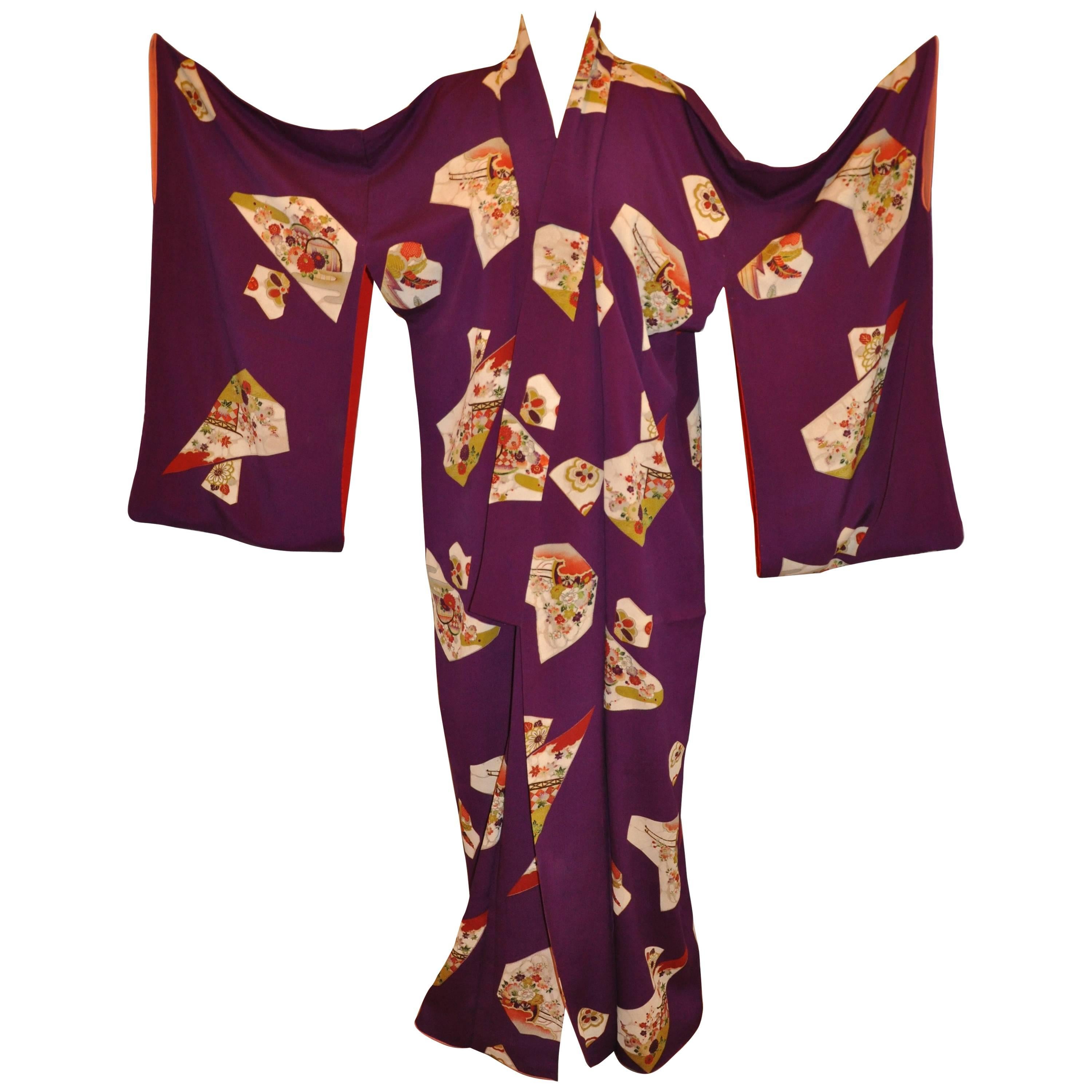 Bold Violet with Scattered Confetti of Multi Floral Abstract Blocks Silk Kimono For Sale