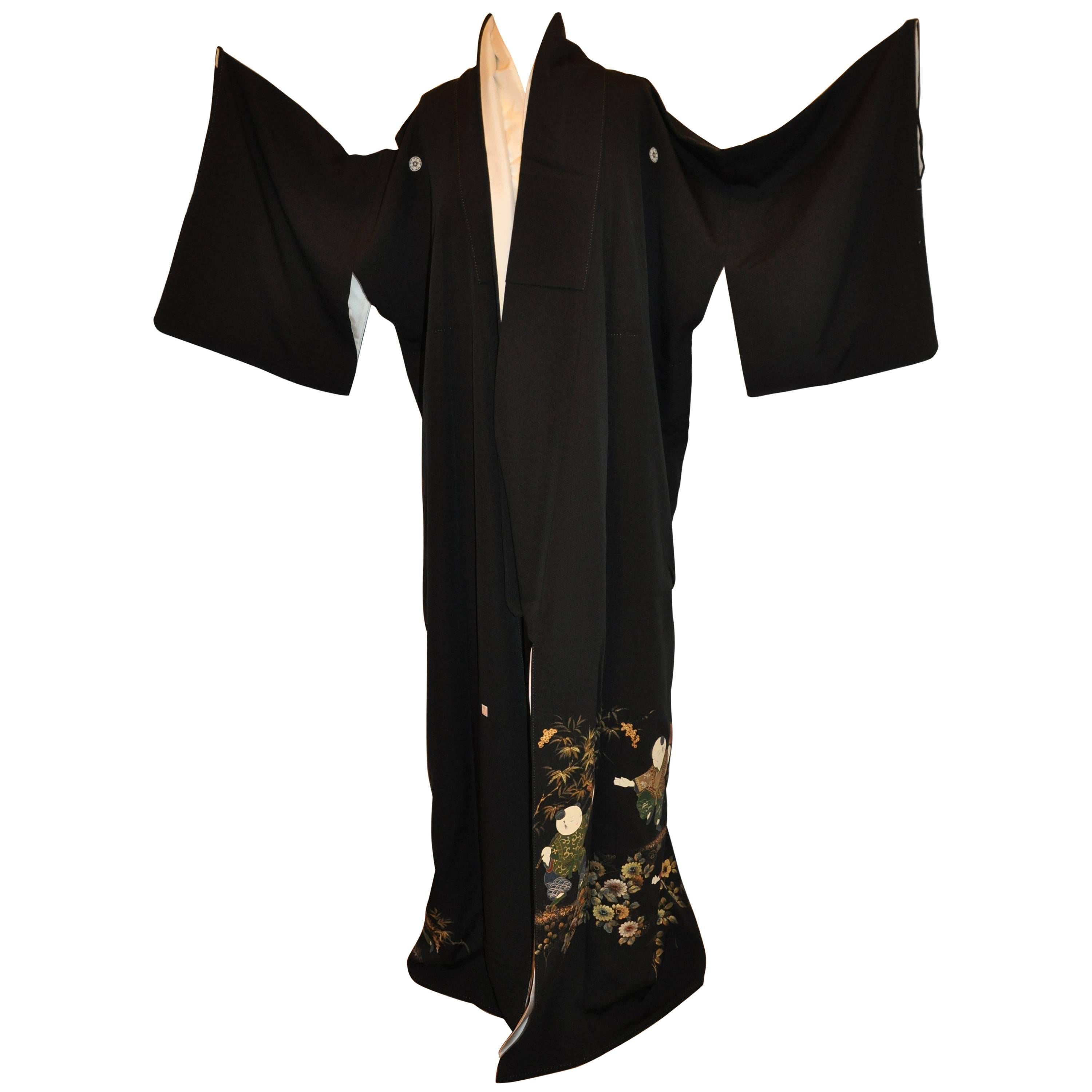 Black with Multi-Colored Detailed "Whimsical Children & Floral" Silk Kimono For Sale