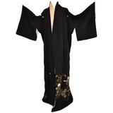 Black with Multi-Colored Detailed "Whimsical Children & Floral" Silk Kimono