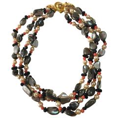 Vintage 1970s DeLillo Mother of Pearl Faux Coral Pearl Jet Multi Strand Necklace