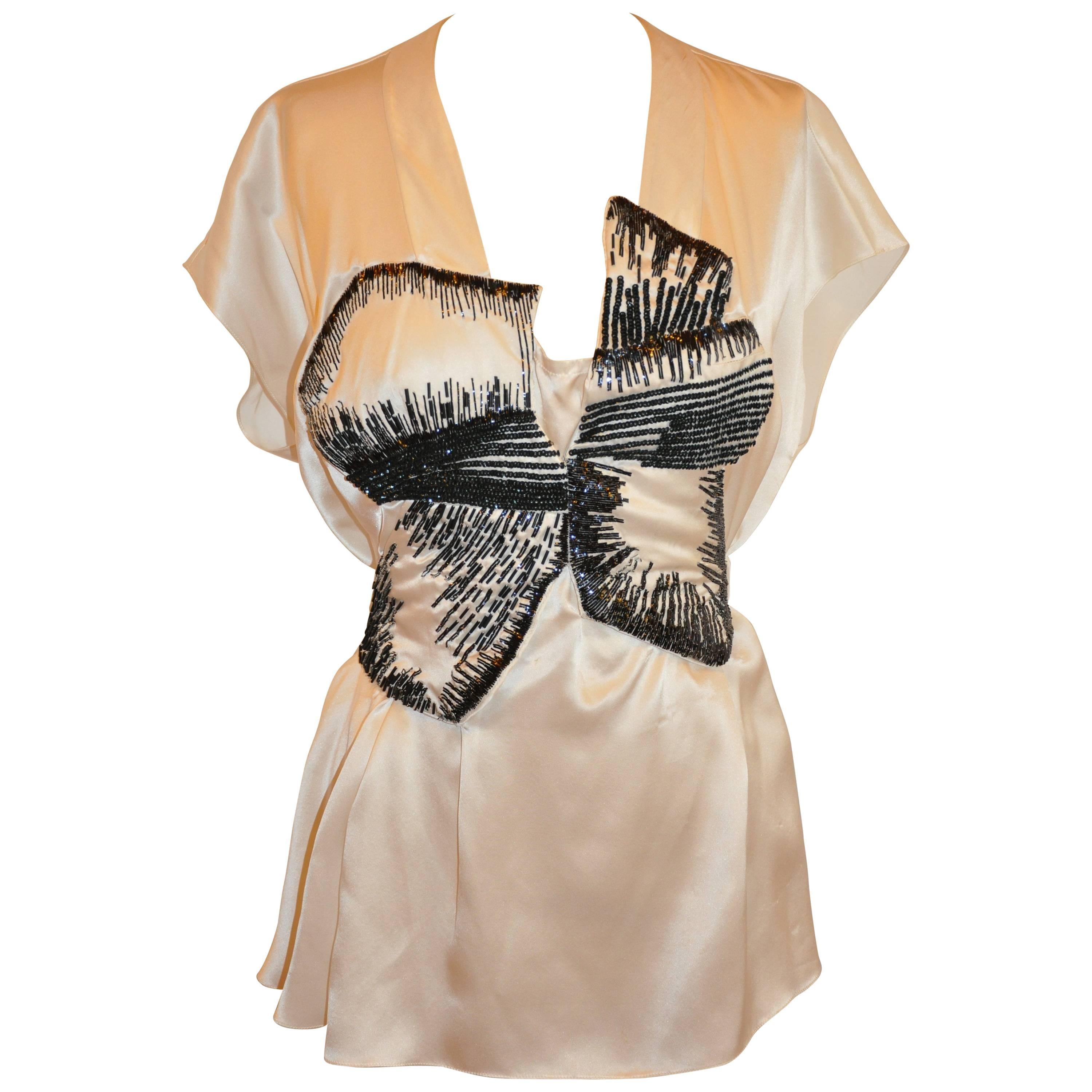 Rue du Mail (Paris) Pearl Silk Crepe di Chine & Micro Seed and Sequin Top For Sale