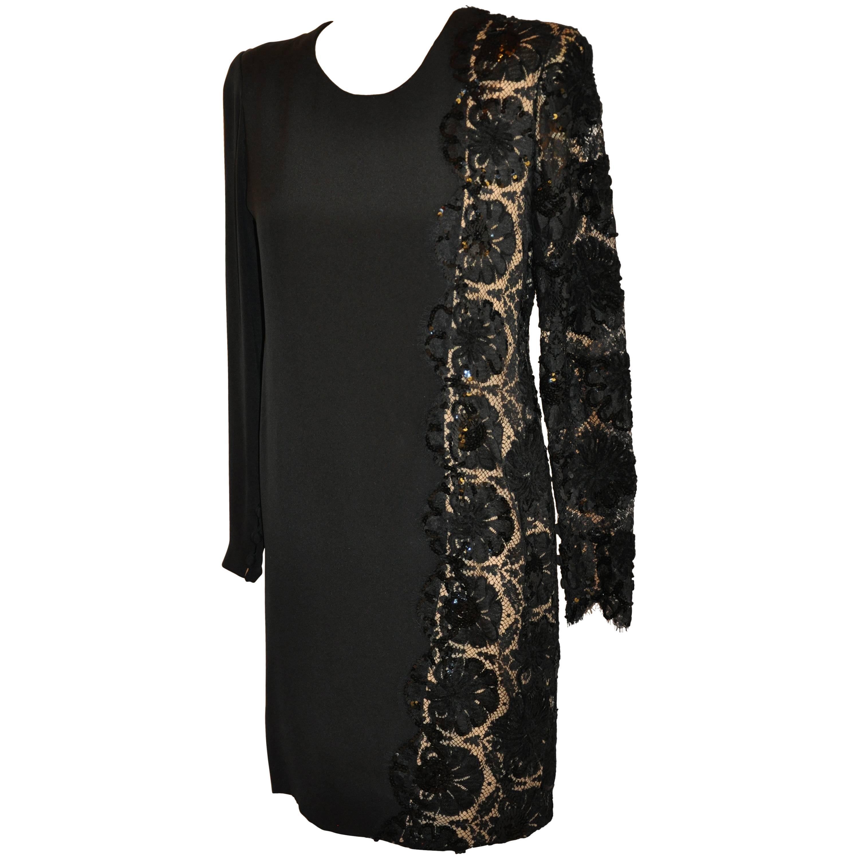 Bill Blass Black Silk Crepe di Chine & French Lace Accented Cocktail Dress For Sale