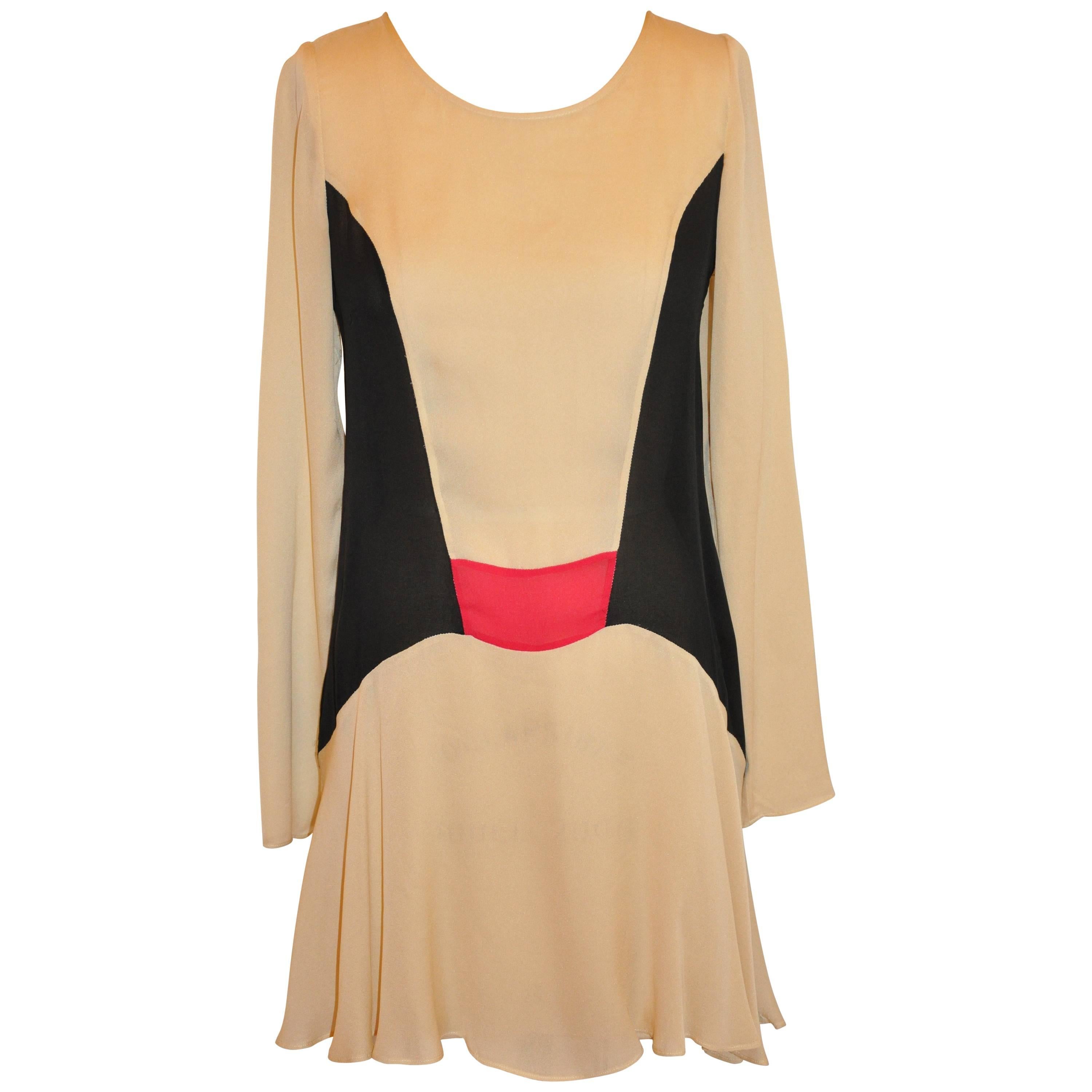 Ivory Accented with Black & Fuchsia Chiffon "French Seams" Tunic For Sale