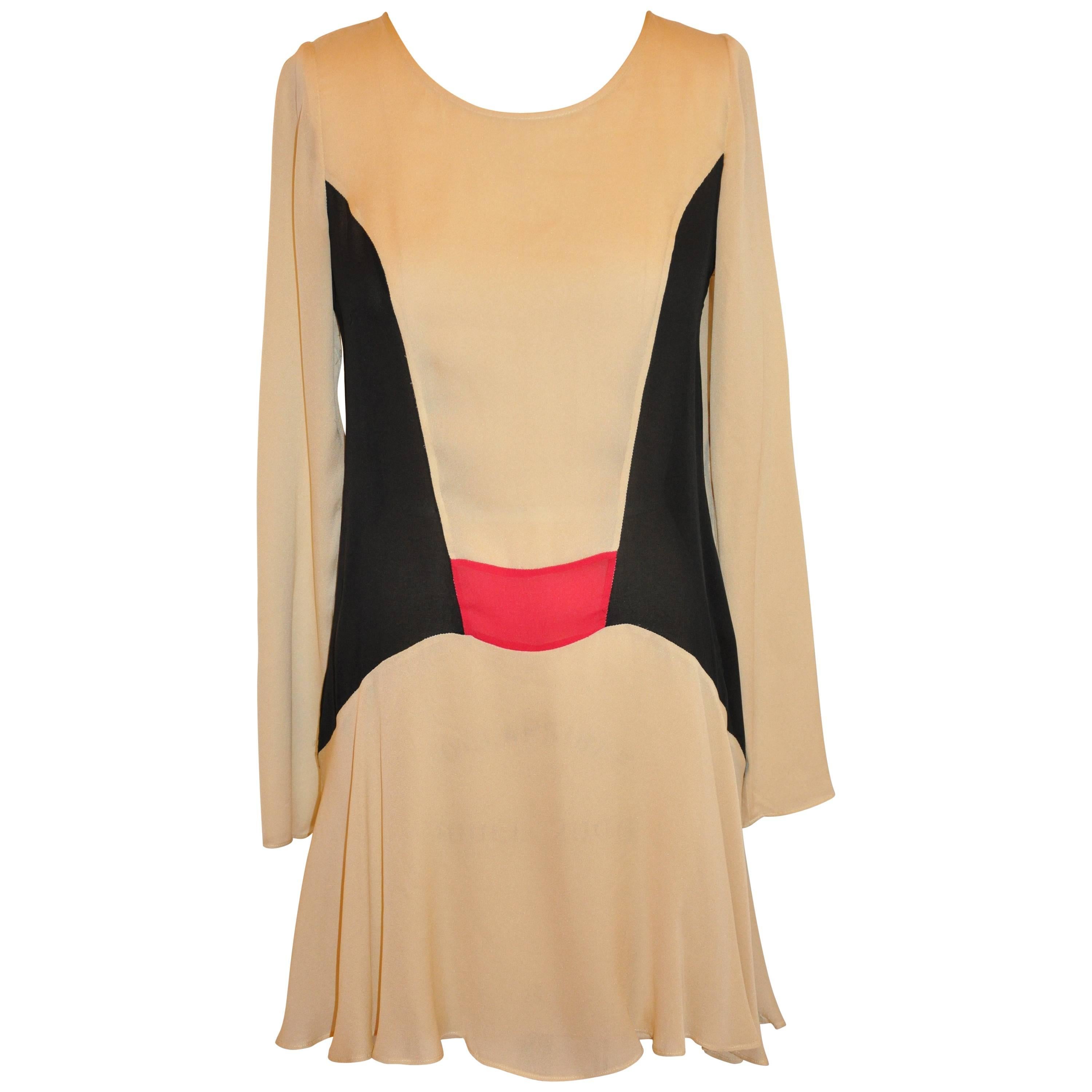 Ivory Accented with Black & Fuchsia Chiffon "French Seams" Tunic