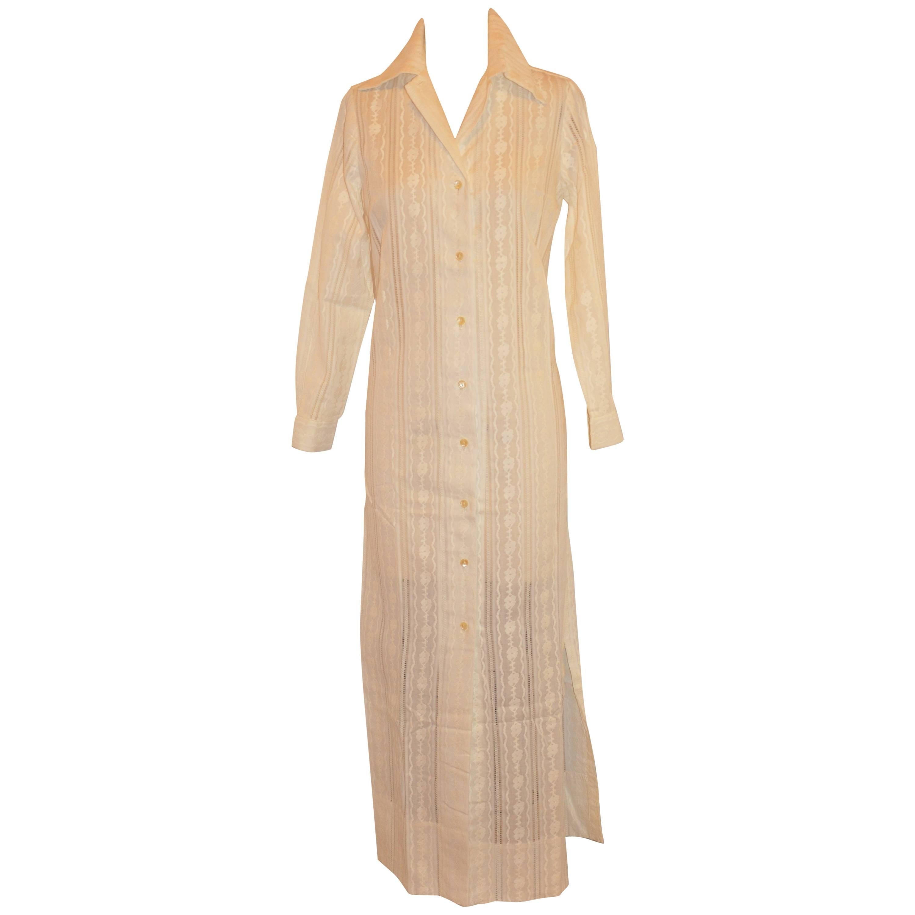 Ivory Cotton Embroidered & Eyelet Maxi Button with High Slits Coat/Dress For Sale