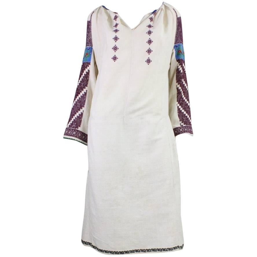 Vintage Eastern European Hand Embroidered Linen Dress For Sale