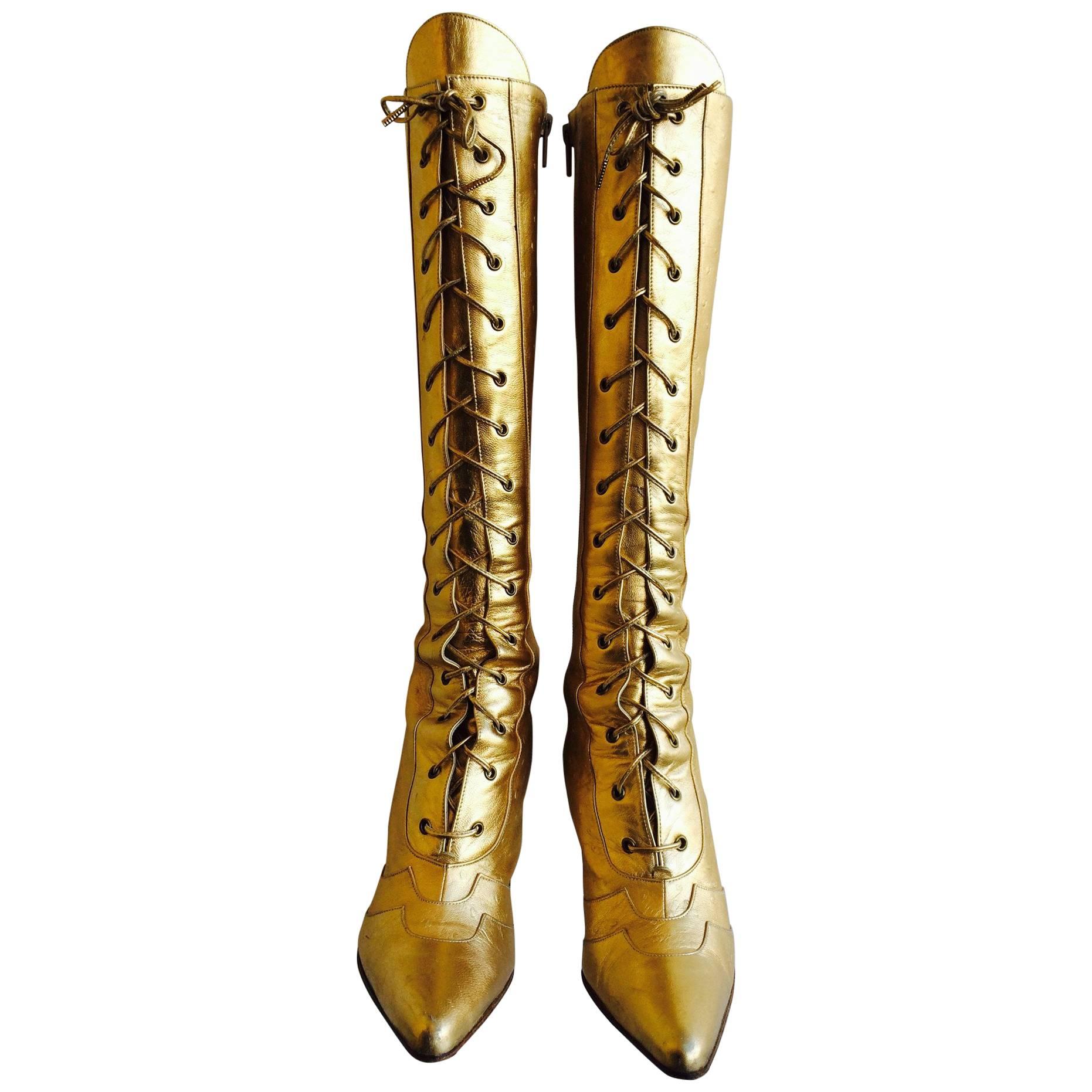 Christian Dior Gold Ostrich Leather Lace up High Heel Boots