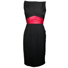 Ceil Chapman 1950s Silk Cocktail Dress with Pink Red Sash Cummerbund 10