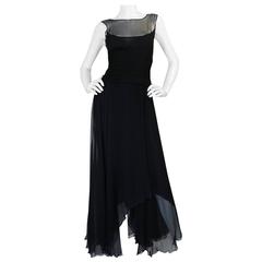 1990s Chanel Black Silk Chiffon Dress W Gold Button Back 5