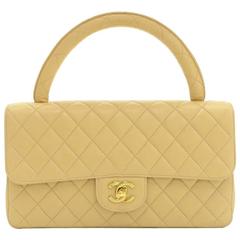 Chanel 10" Beige Quilted Leather Flap Hand Bag