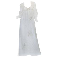 1970s Thea Porter White Embroidered Muslin Butterfly Applique Dress