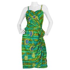 1950s Mildreds of Hawaii Green & Blue Print Sarong Dress 5