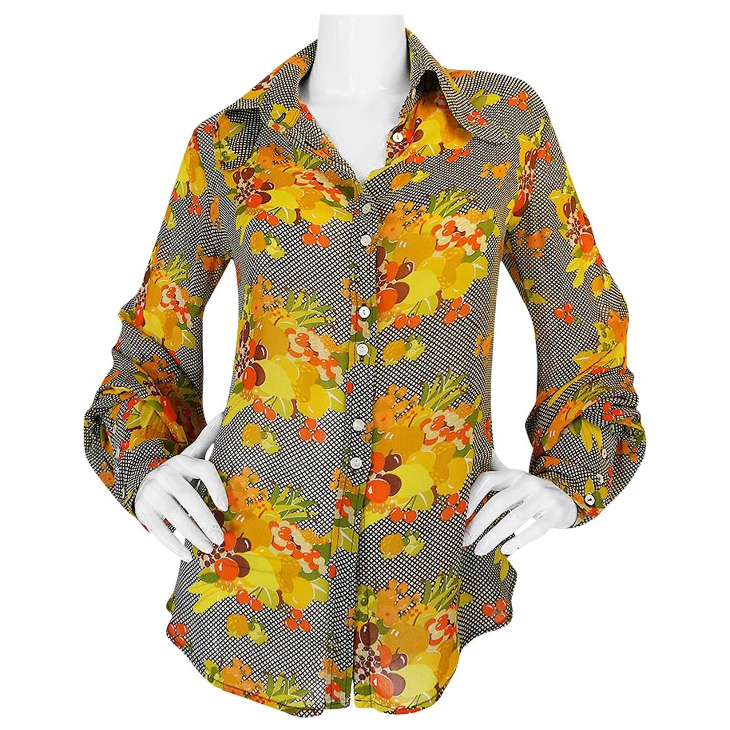 1970s Jeff Banks Lemon and Grape Print Silk Top