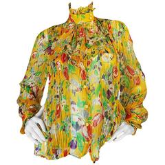 1970s Ungaro Yellow Floral Print Silk Ascot Top 4