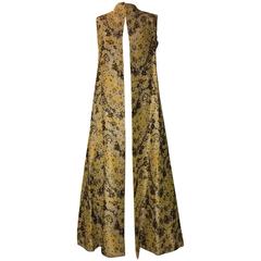 Vintage Guy Laroche 1960s Metallic Gold Yellow Floral Print Open Front Long Maxi Vest